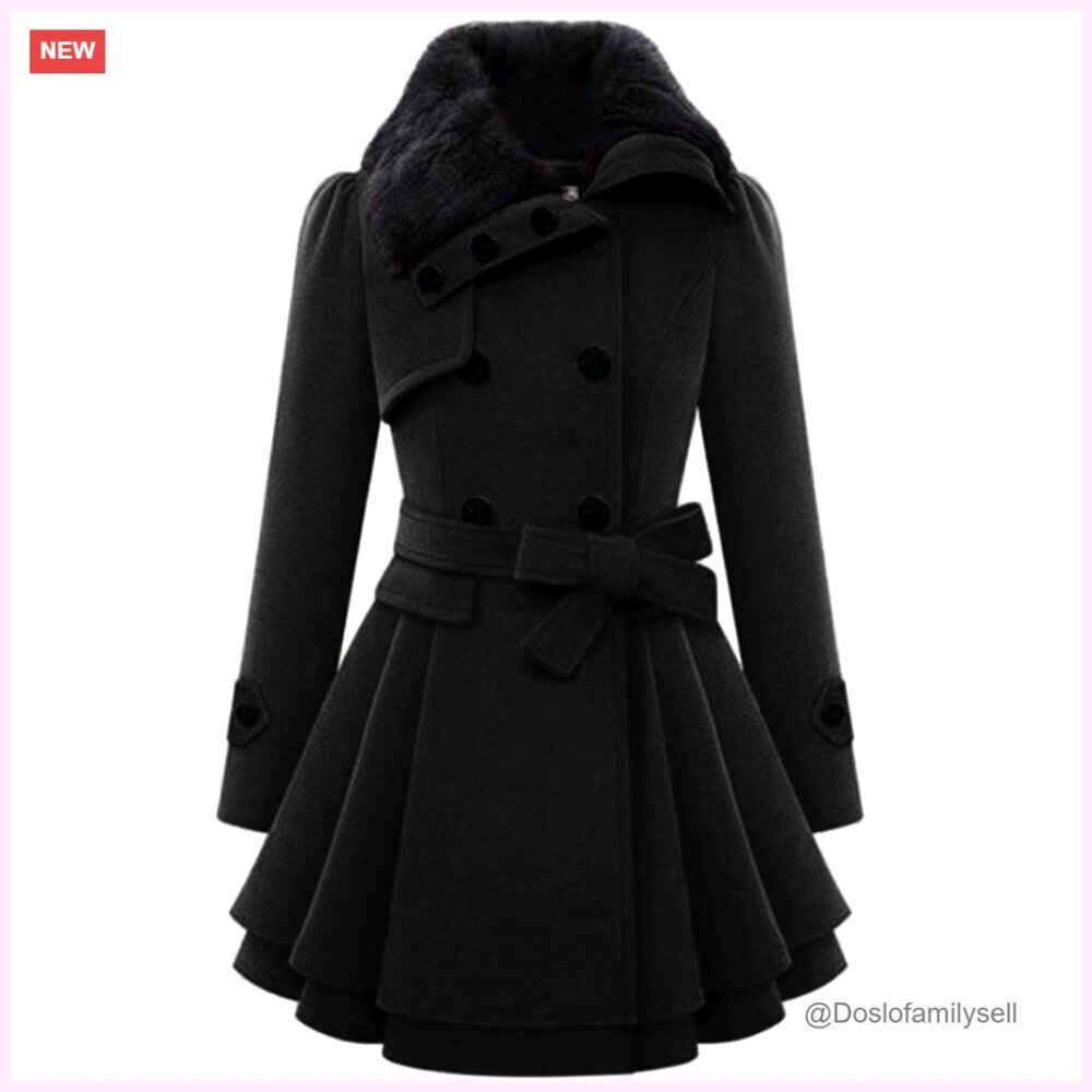Wool Trench Coat with Faux Fur Lapel Double-Breasted Winter Jacket S-2XL